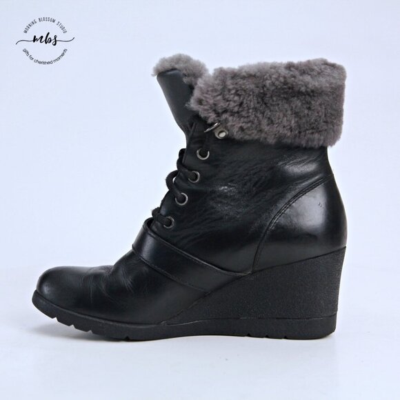 UGG Janney Waterproof Fur Wedge Boots Black Women 5 - Picture 7 of 13